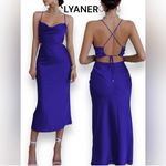 Lyaner Navy Blue Satin Midi Dress Cut Out Strappy Sexy Formal Wedding Event Photo 1