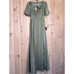 Lulus NWT  Elegant Confidence Sage Satin Flutter Sleeve Cutout Maxi Dress Size S Photo 1