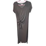 Hummingbird Modal V Neck Knit Maxi Dress Tie Waist Short Sleeve Gray Size L Photo 1