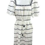 Tory Burch  White Black Striped Flutter Boho Peasant Tassel Tie Midi Dress Sz XS Photo 0