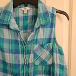 Time & Tru Blue Green Plaid Sleeveless Button Down Tank Top Cotton Blouse Sz M Size M Photo 4