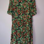 Untuckit Size 12 Floral Green and Red Midi Dress Button Up Short Sleeve Photo 0
