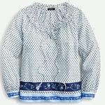 J.Crew  white with blue ribbon block print tie-front ruffle top S Photo 0