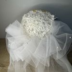 Vintage Wedding Veil Hat White Cream Faux Pearl Lace Double Veil Beaded Photo 5