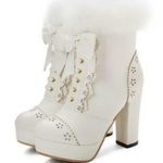 Women’s White Chunky High Heeled Boots Faux Fur Trim Size 39EU (8.5 US) NEW Photo 0