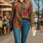 Anna And Frank Medium Vintage Multicolor All Silk Button Down Long Sleeve Shirt Blue Photo 1