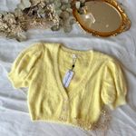 For Love & Lemons Devon Cropped Fuzzy Cardigan Puffy Sleeve Sweater Yellow Photo 2
