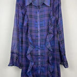BB Dakota Jack  Purple Blue Plaid Sheer Ruffle Button Up Shirt Dress Cover Up‎ M Photo 0