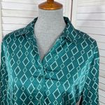 Como‎ Black Satin Diamond Print Button Up Shirt Blouse Teal Green Small Photo 4