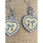 Disney  Heart Shaped Earrings Hidden Mickey Silver Tone Enamel Faux Pearls Bow Photo 1