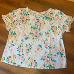 LC Lauren Conrad - Lauren Conrad top Size XL White with Floral Pink Green Yellow Ruffle Sleeves Photo 0