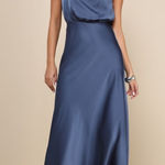 Lulus NWT  Distinctive Charm Slate Blue Satin Asymmetrical Maxi Dress Wedding 1X Photo 0