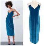 ZARA  Velvet Cocktail Slip Dress L Large Draped Blue Velour Rhinestones Photo 1