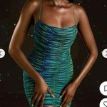 Oh Polly  Lunar Green Blue Striped Print Cowl Ruched Bodycon Mini Dress Photo 0