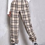 SheIn Paper bag Neutral Tone Plaid Pants Photo 0