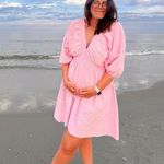 Cotton Linen Mini Dress V Neck 3/4 Sleeve Pink Size L Photo 0