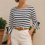 Chico's  Womens Blue Striped Flare Sleeve Square‎ Neck Top sz 1P Nautical Preppy Photo 0