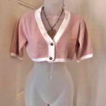 Fairycore Baby Pink white furry fuzzy crop coquette babydoll faux fur sweater cardigan top shirt blouse short sleeve 2 buttons Photo 2