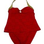 St. John Swim Red One Piece swimsuit Gold Trim Halter Size 6 SJ Logo resort Photo 0