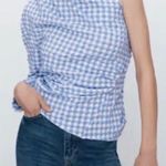 ZARA 🆕  gingham plaid one shoulder blouse top blue white small stretchy Photo 1
