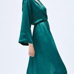 ZARA NWT Teal Satin Effect V-Neck Midi Dress Festive Holiday Photo 3