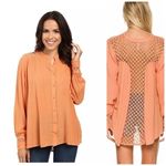 Free People  Women's Medium Peach‎ Crochet Trim Long Sleeve Button Down Top Photo 1