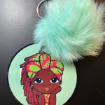 Handmade New, Adorable African American Girl Green Faux Fur Pom-Pom Keychain Photo 1
