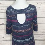 Free People Cropped Keyhole Sweater Top Size Medium Blue Stripe Wool Blend Photo 9