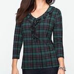Talbots Petites Tartan Ruffled Top Green Black Plaid Ruffle 3/4 Sleeve PETITE M Photo 1