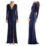 Mac Duggal NWOT V neck Long Sleeves Sequined Midnight Navy Evening Gown Sz 8 Photo 1