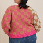 Torrid  Chunky Checkered Cardigan V-Neck Button Front Sweater Pink Tan size 2X Photo 3