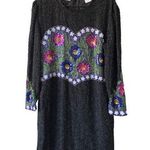 Vintage Night Vogue Silk Floral Sequin & Beaded Embellished Long Sleeve Dress L Black Size L Photo 0