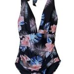 DKNY Swimsuit one piece black floral tropical hibiscus plunge halter sz L Photo 0