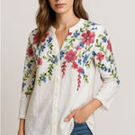 Kindred  Shirt Women Medium White Embroidered Floral Button Down Boho Cottagecore Photo 0