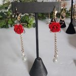 Gold with Velvet Red Rose Flower and Pearls Danglr Drop Earrings Photo 1