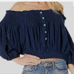 Free People  We The Free Dancing Till Dawn Top Navy Off Shoulder Smocked Peasant Photo 3