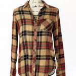 Maurice's XS Plaid Flannel Button Down Shirt Tan Red NWT Photo 0