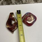 Handmade Lot Of 2 Costume Pendants / Charms Blown Art Glass Mix Red / Gold Swirls Photo 2