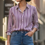 Chico's  2M Bordeaux Striped Purple Buttoned Top Stretch Preppy Office Work Brunch Photo 0