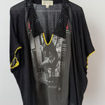Burning Torch sz L Black Graphic Tee Shirt Kimono Style Overlay Beaded Collar Size L Photo 0