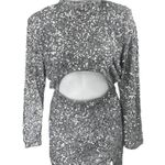 Pretty Little Thing  Silver Sequin Long Sleeve Cutout Zip Mini Bodycon Dress Sz 16 Photo 1
