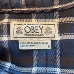 Obey  Flannel Shirt Small Women Button Up Top Blue Brown‎ Plaid Long Sleeve Photo 7