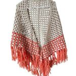 Handknit Crochet Fringe Trim Open Knit Triangle Boho Open Front Poncho Shawl Orange Photo 0
