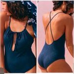 Aerie  One Piece Navy Blue Eyelet Cross Back Strappy Bathing Suit Size L Photo 3