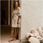 Faherty Khai Poplin Dress in Birch size Small Belted Puff Sleeve Tie Waist Photo 4