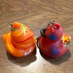 Set of 2 Novelty Rubber Duck Keychains Fun Painted Design Orange Red Photo 1