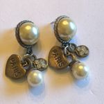 Vintage Brass Tone Dangling Charm Paris Heart Faux Pearl Pierced Earrings Photo 1