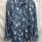 Chico's  women's denim blue cream embroidered floral button down‎ collared shirt Photo 0