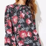 Loft  Floral Garden Bell Sleeve Blouse Mock Neck Black Pink Size XL Photo 0