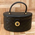 Vintage SISO Italy Black Quilted Leather Structured Oval Vanity Cosmetic Handbag Photo 0